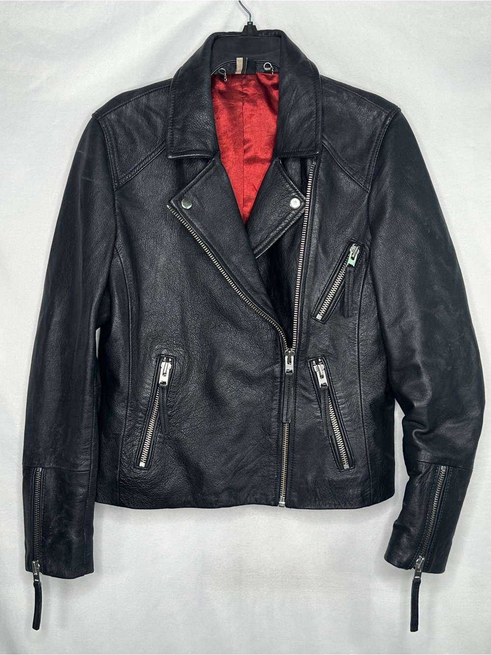 Top Shop Rosemary Mack Black Moto Jacket Red Lining Leather Goat Skin Sz 10